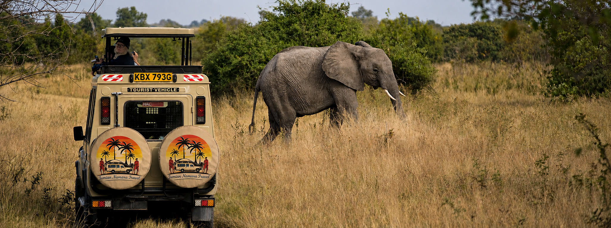 Safari vehicle near an elephant in East Africa
